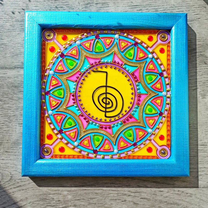 Reiki symbols art Cho Ku Rei mandala glass painting Usui Reiki vegan decor - ตกแต่งผนัง - แก้ว สีน้ำเงิน