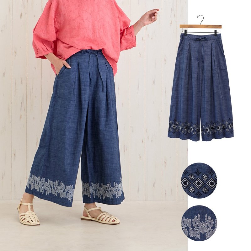 [Pre-order] Indian-made denim flower embroidered wide-leg pants - เสื้อผู้หญิง - ผ้าฝ้าย/ผ้าลินิน สีน้ำเงิน