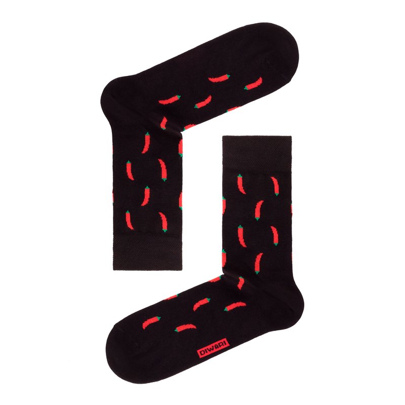 Fun Chili Pepper Socks - Mens socks - Gift Socks - Cotton Socks - ถุงเท้าข้อกลาง - ผ้าฝ้าย/ผ้าลินิน สีดำ