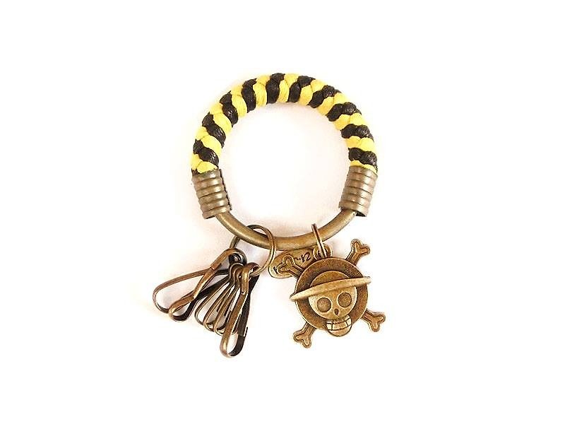 Key ring (small) 5.3CM bright yellow + black + One Piece logo braided wax rope hoop customized - Keychains - Other Metals Multicolor