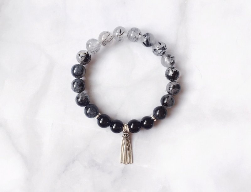 [Ink Dyeing] Black Hair Crystal Black Tourmaline Sterling Silver Tassel Bracelet - Bracelets - Crystal 