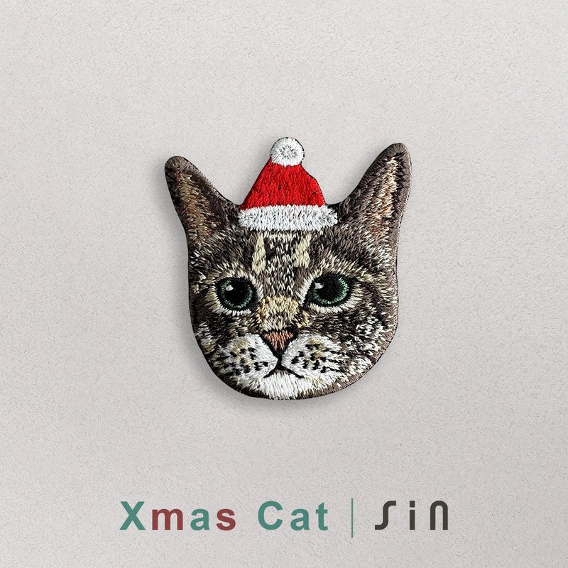 單卡聖誕小貓-刺繡貼紙-綠眼白底虎斑貓(XHC0014) - 貼紙 - 繡線 紅色