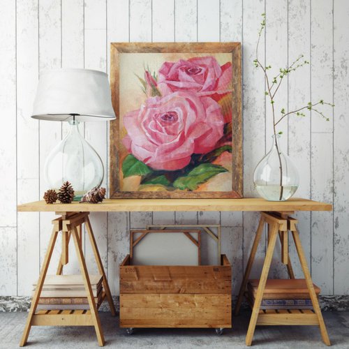 ピンクのバラの花の油絵は額装 - ショップ paintingsKateArt