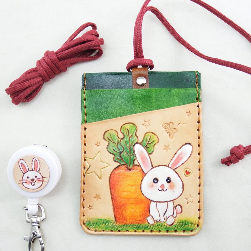 Happy Rabbit hand-made vegetable tanned leather four-layer leisure card holder ID holder - ที่ใส่บัตรคล้องคอ - หนังแท้ สีเขียว