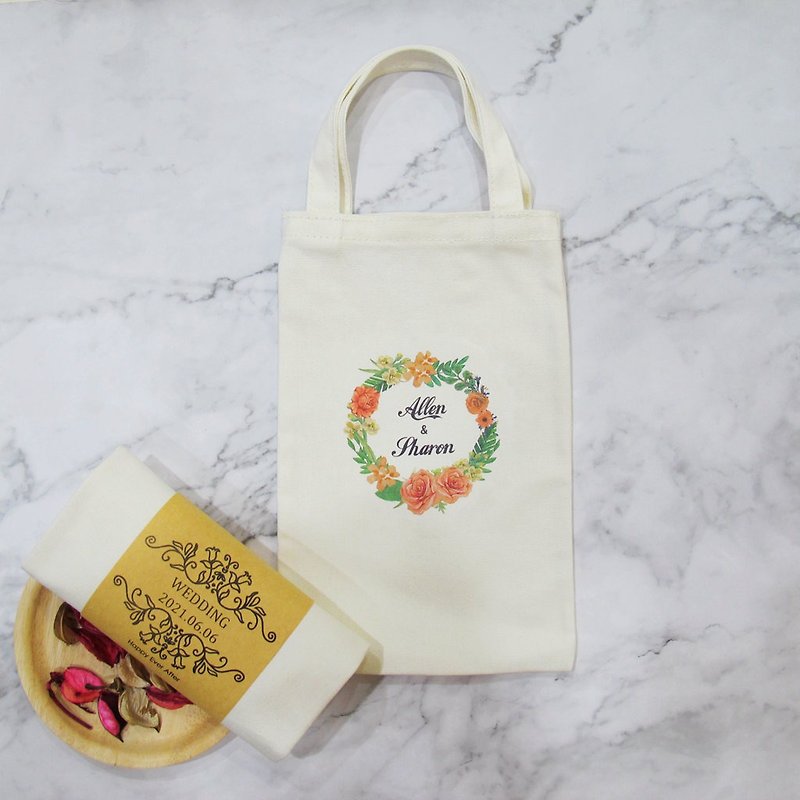 Customized wedding souvenir happiness portable canvas bag pink wreath - Handbags & Totes - Cotton & Hemp White
