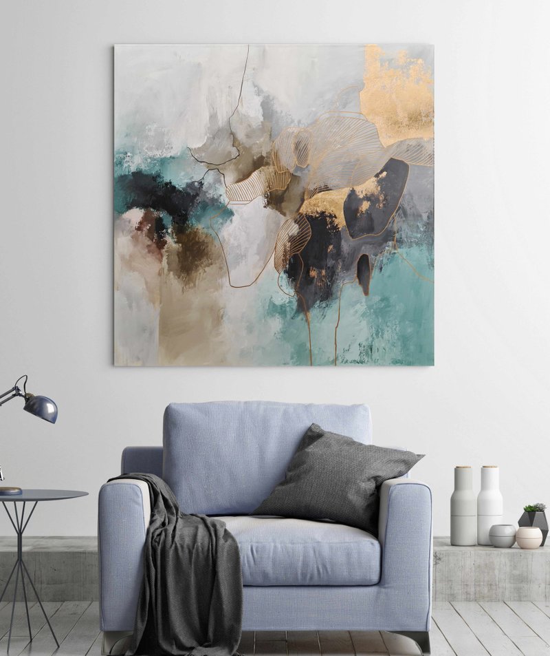Turquoise Painting |Turquoise Gold Abstract | Turquoise Gold Wall Art | Miracle - 壁貼/牆壁裝飾 - 棉．麻 綠色