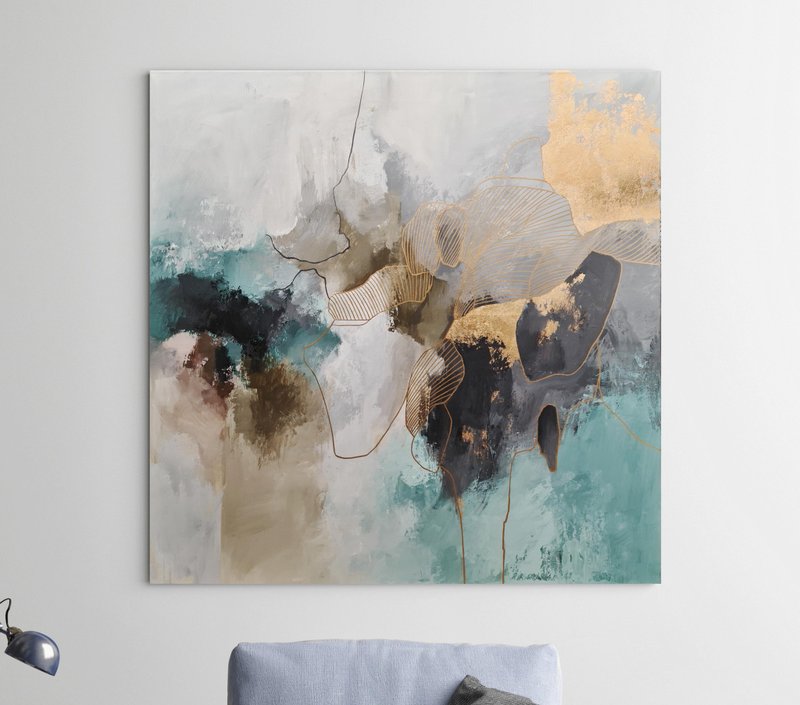 Turquoise Painting |Turquoise Gold Abstract | Turquoise Gold Wall Art | Miracle - 壁貼/牆壁裝飾 - 棉．麻 綠色