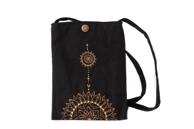 Henna wind hand-painted side backpack - กระเป๋าแมสเซนเจอร์ - ผ้าฝ้าย/ผ้าลินิน สีดำ