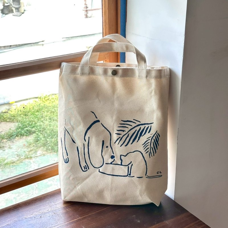 狗狗貓貓喝水 兩用寬底包 - 側背包/斜孭袋 - 棉．麻 白色