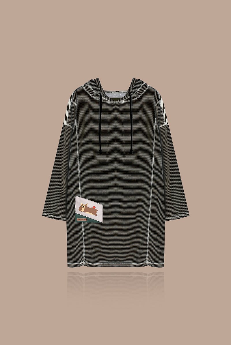 [Exclusive hand-made] pretty hip Keji - loose stripes stitching pocket cap T - Women's T-Shirts - Cotton & Hemp Black