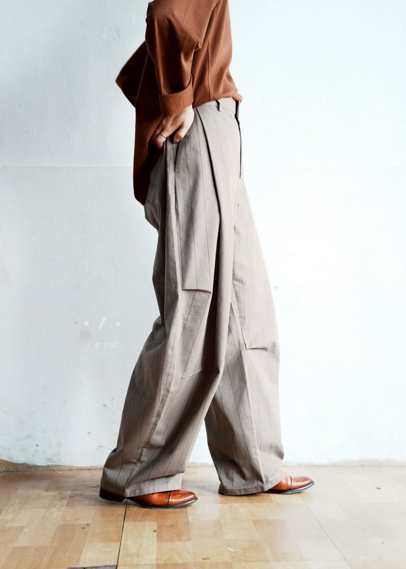 紳裝感直線條剪裁落地寬褲 - 女長褲 - 棉．麻 灰色