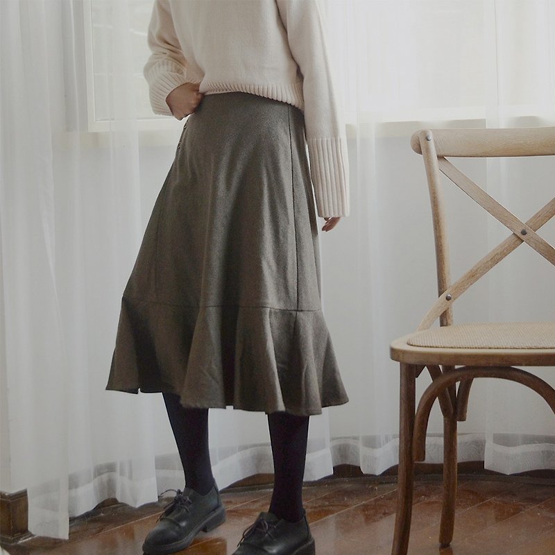 Dark dark green high waist skirt | skirt | autumn and winter models | wool blend | independent brand | Sora-215 - กระโปรง - ขนแกะ 