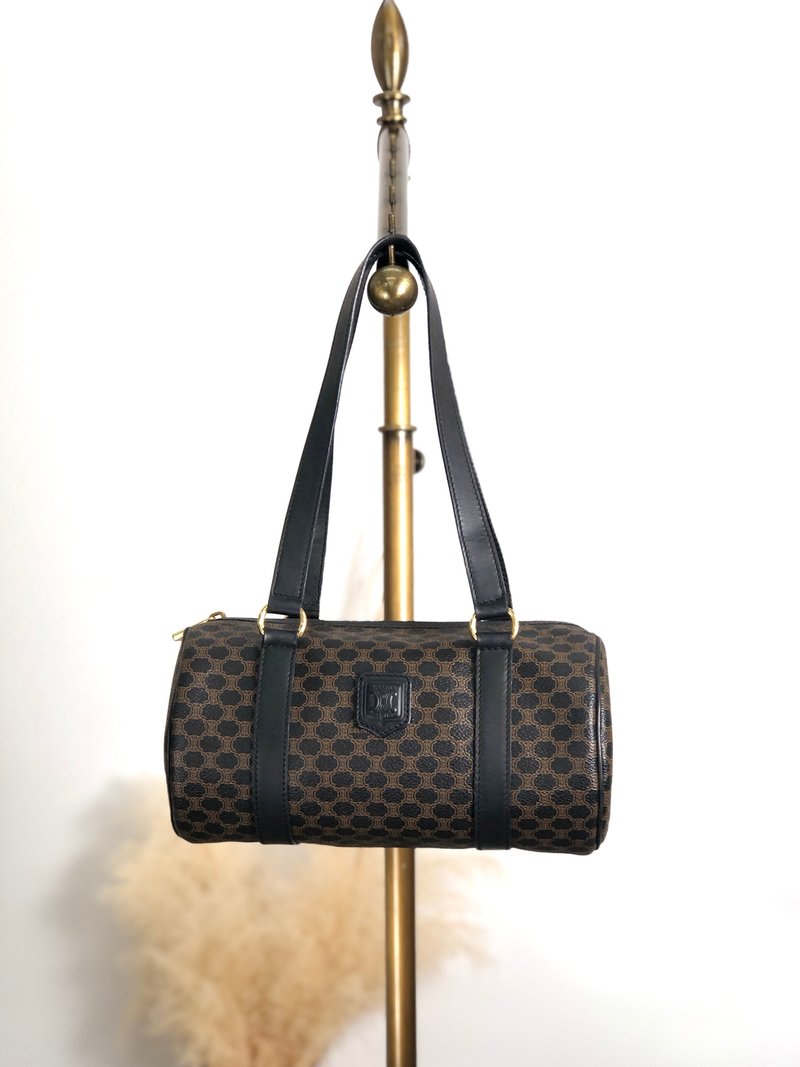 【 日本直送　名牌中古包 】CELINE セリーヌ マカダム トートバッグ ブラック ブラゾン型押し PVC/レザー ロールバッグ vintage etm2ud - 手提包/手提袋 - 防水材質 黑色
