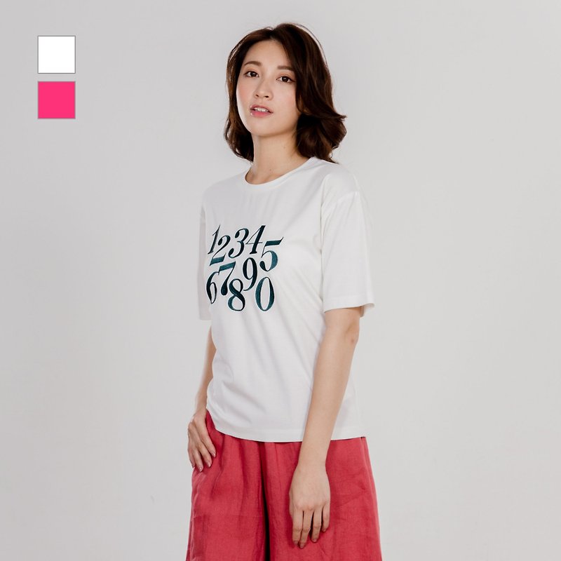 【シーズンセール】【MEDUSA】123デジタル刺繡ピュアテンセルコットンTシャツ（M-XL） -ホワイト/ピーチ - Tシャツ - コットン・麻 ホワイト