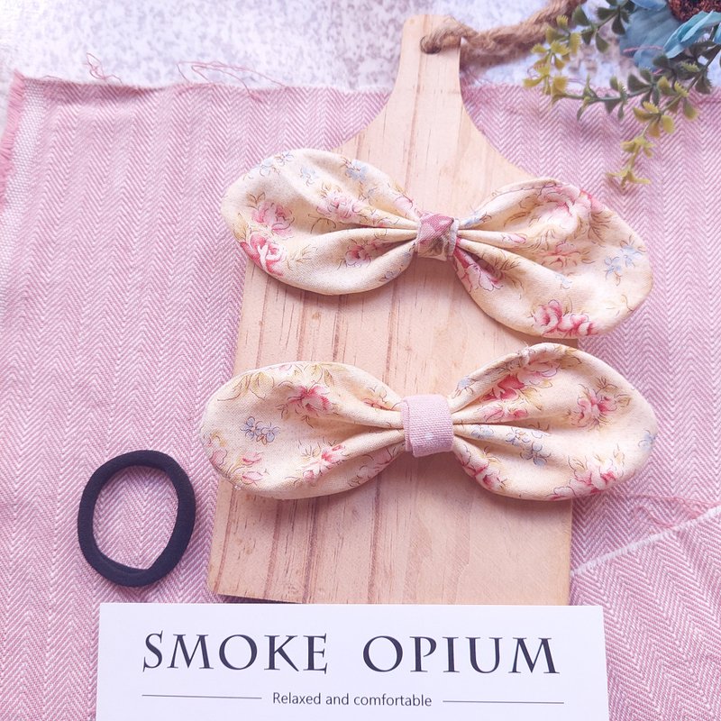 Bow hair tie-long pink round floral - Hair Accessories - Cotton & Hemp 