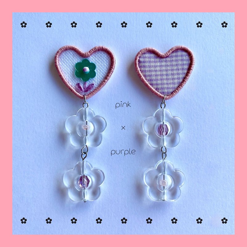 Gingham check and flower (pink x purple) embroidered Clip-On - Earrings & Clip-ons - Thread Pink