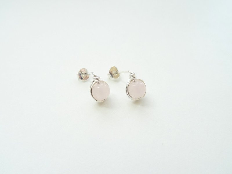 Ear Studs - Rose Quartz Beads Sterling Silver Wire Wrapped Stud Earrings - ต่างหู - เงินแท้ สึชมพู