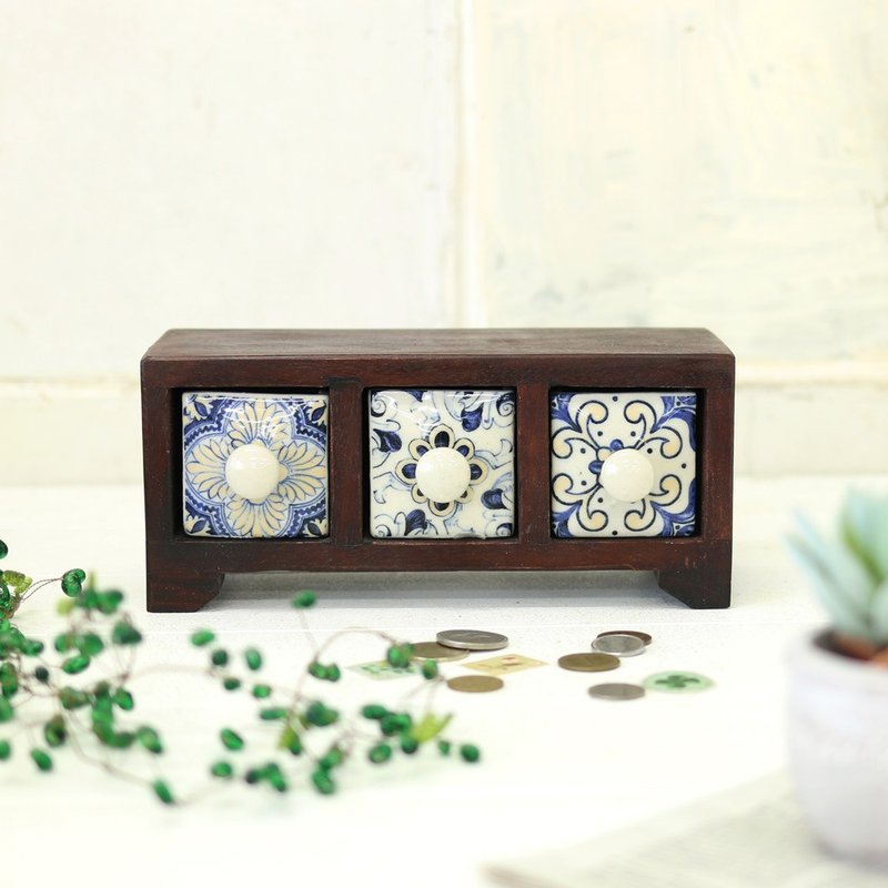 [Pre-order] Bohemian tile style blue and white three-compartment storage box - Storage - Wood Brown