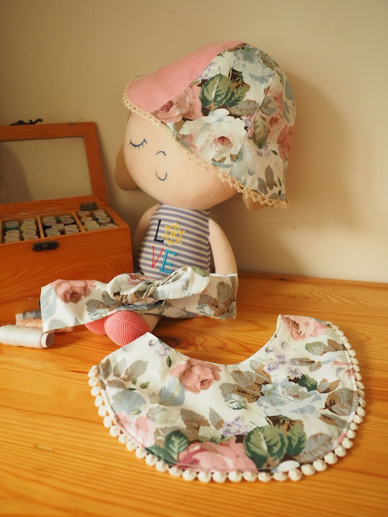 Handmade reversible rose pattern sun protection hat, headband and bib gift set - Baby Gift Sets - Cotton & Hemp Pink