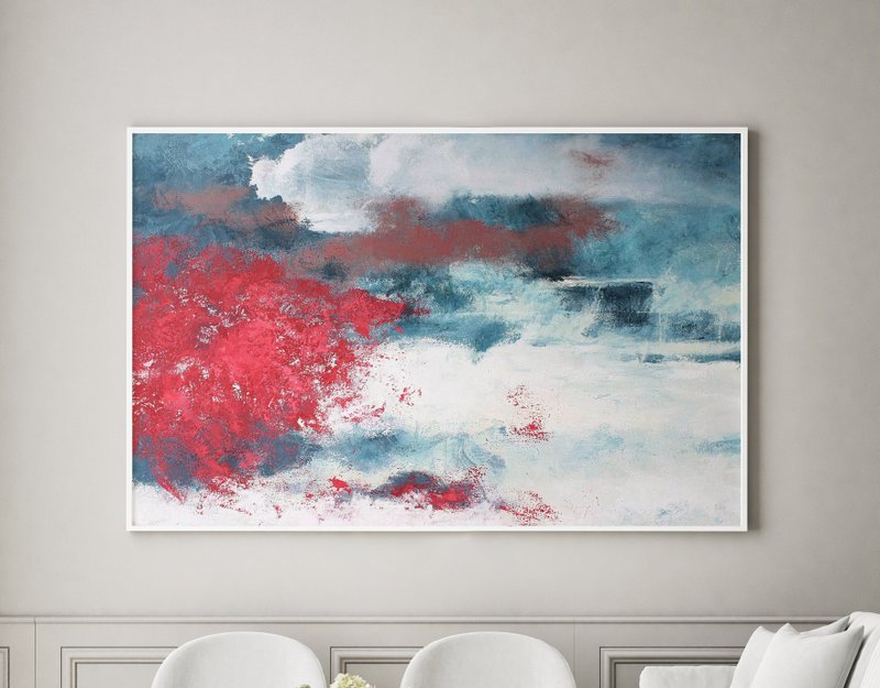 Red Blue Abstract|Red Teal Painting|Red Teal Abstract|Red Blue Wall Art| Fog - 壁貼/牆壁裝飾 - 棉．麻 紅色