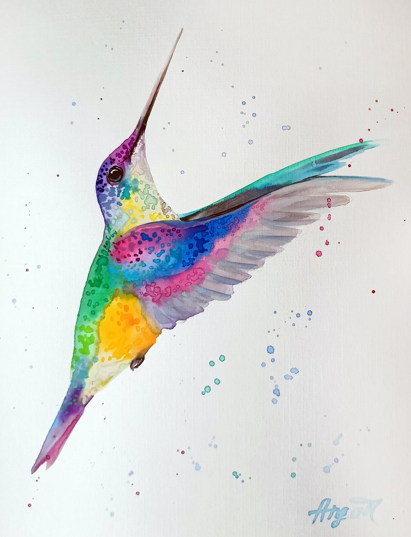Watercolor original room decor hummingbird painting art by Anne Gorywine - 壁貼/牆壁裝飾 - 紙 白色