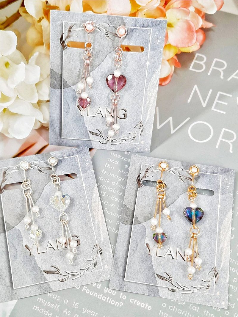 YLANG【心語】アシンメトリーピアス・イヤリング スワロフスキー ハート型クリスタル/アーティスティックワイヤー - ピアス・イヤリング - 金属 多色