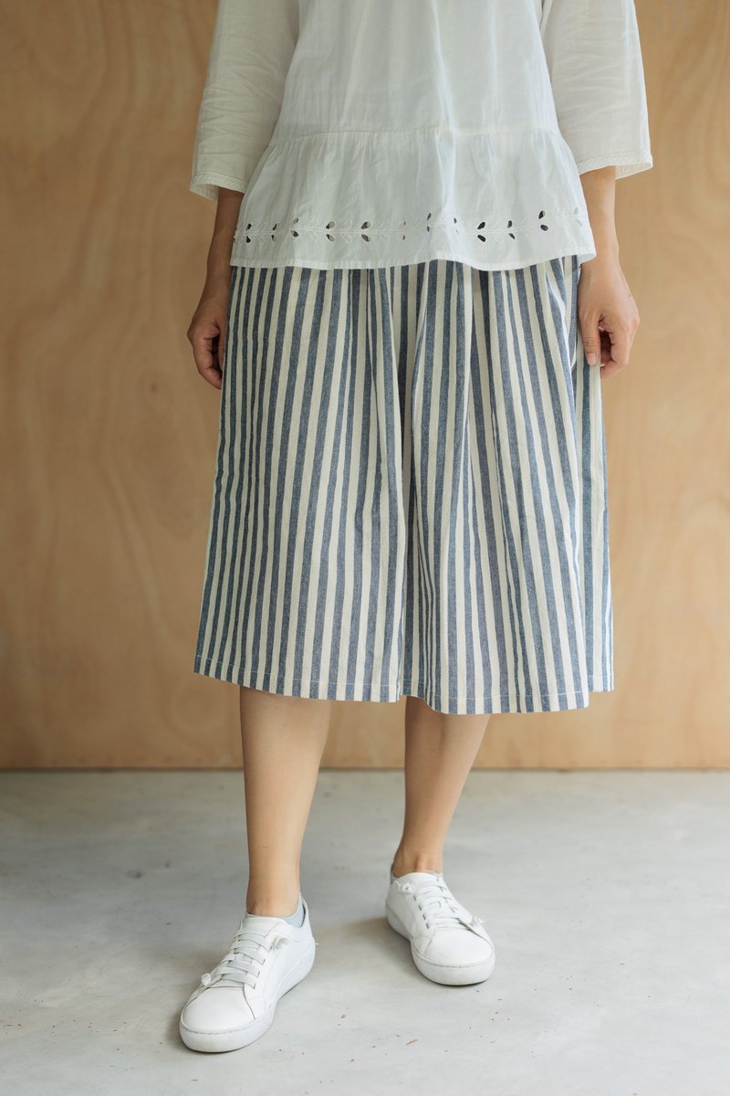 Fresh aqua straight striped Linen midi skirt - Skirts - Cotton & Hemp Blue