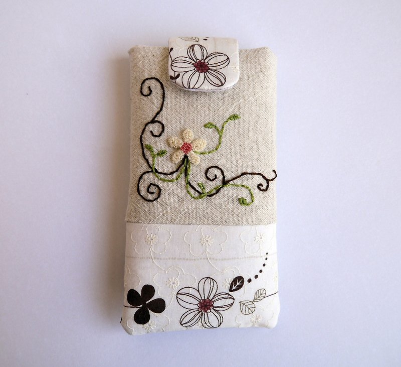 White flower embroidery phone bag (M) for 5 inch mobile phone - Other - Cotton & Hemp 