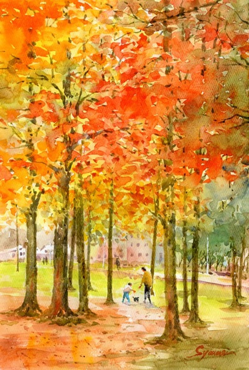 Watercolor painting Autumn leaves park 1 - โปสเตอร์ - กระดาษ สีส้ม