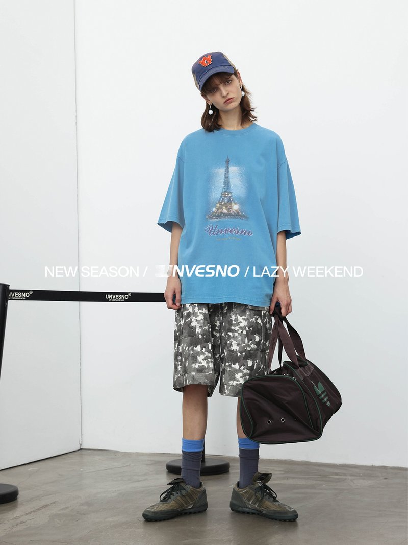 Unvesno(UN) NewVintage Eiffel Tower Washed Vintage Round Neck Loose Unisex Short Sleeve T-Shirt - เสื้อยืดผู้ชาย - ผ้าฝ้าย/ผ้าลินิน 