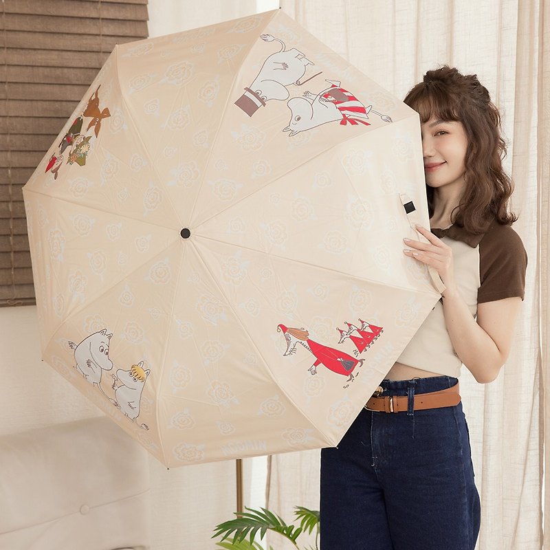 Paidal x Moomin Moominvalley spring flowers full version automatic three-fold opening and closing umbrella-yellow - ร่ม - ไฟเบอร์อื่นๆ สีเหลือง