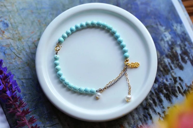 Natural Turquoise Sterling Silver Text Pendant Design Single Circle Bracelet Bracelet s - Bracelets - Gemstone Blue