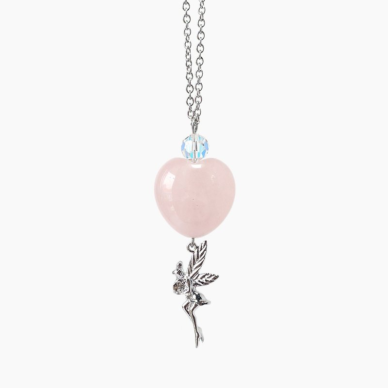 Love Rose Quartz Crystal Necklace with Fairy Charm - Necklaces - Crystal Pink