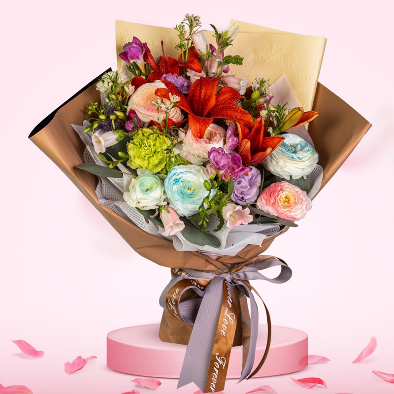 Flower Bouquet (9 Carnations, Orange Lilies, Bellflowers, Campanulas, Small Peon - ตกแต่งต้นไม้ - พืช/ดอกไม้ 