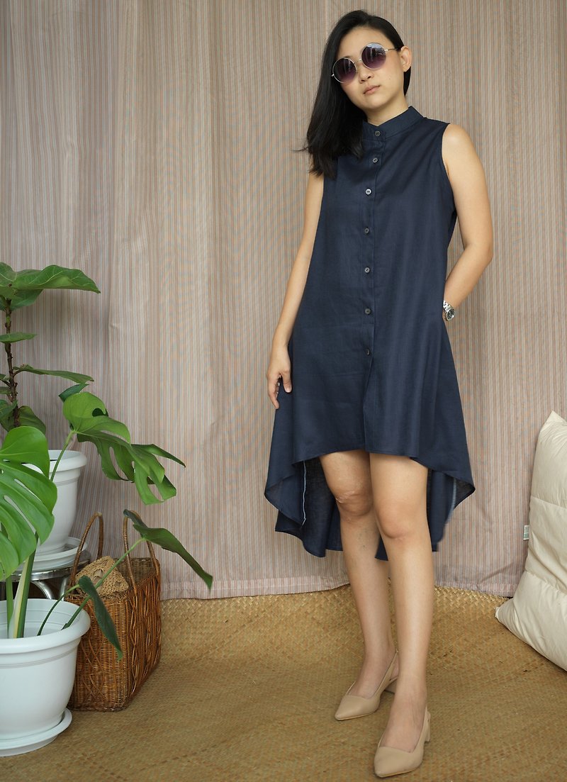 navy blue / fishtail linen dress /100% linen / There are 5 colors - 連身裙 - 亞麻 藍色