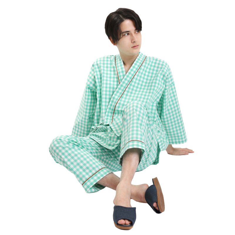 日本 和服 格子 作務衣 日式 休閒 室內服 睡衣 男女通用 緑色 - 帽T/大學T - 棉．麻 綠色