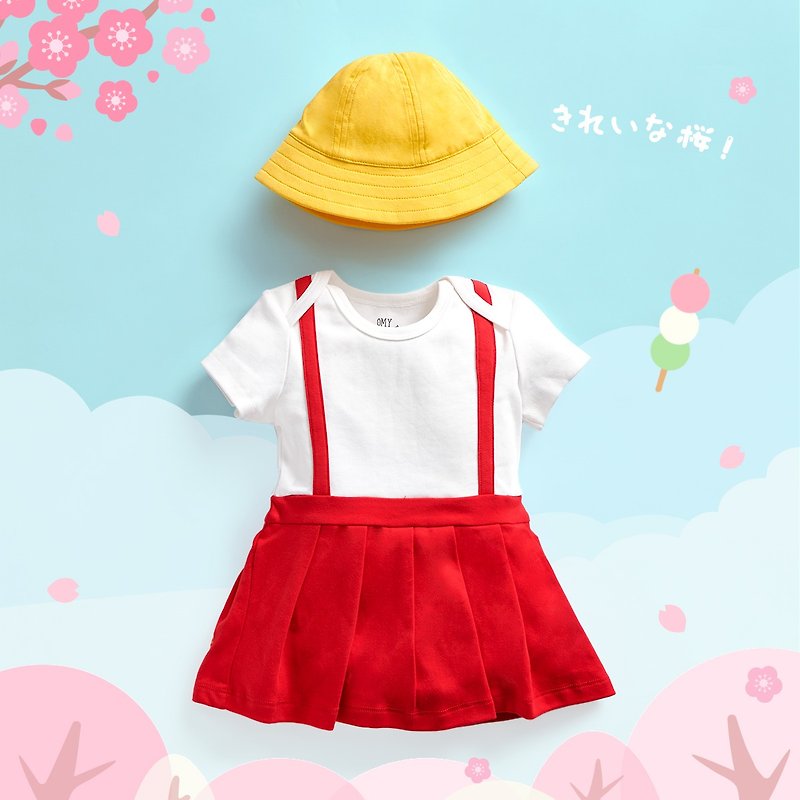 OMBS06_Cherry baby style hooded short-sleeved onesies suit - ชุดทั้งตัว - ผ้าฝ้าย/ผ้าลินิน สีแดง