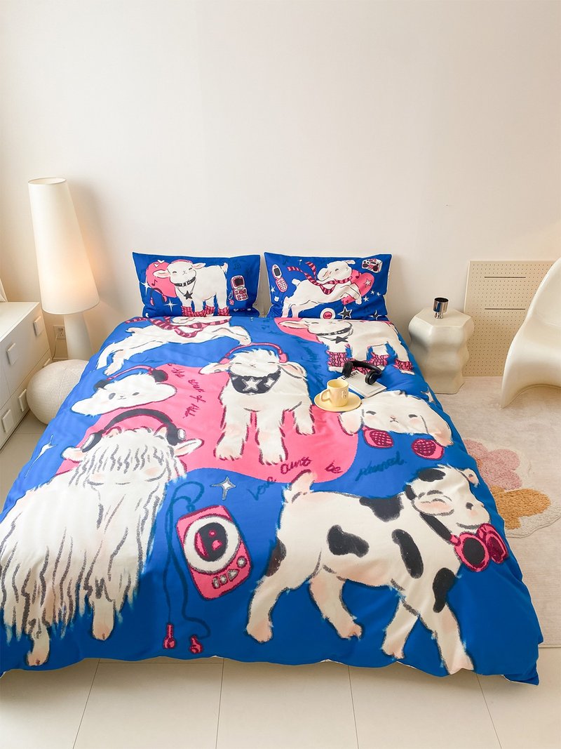 Retro lamb 100% cotton ins blue original design autumn and winter brushed bed bedding four-piece set - เครื่องนอน - ผ้าฝ้าย/ผ้าลินิน หลากหลายสี