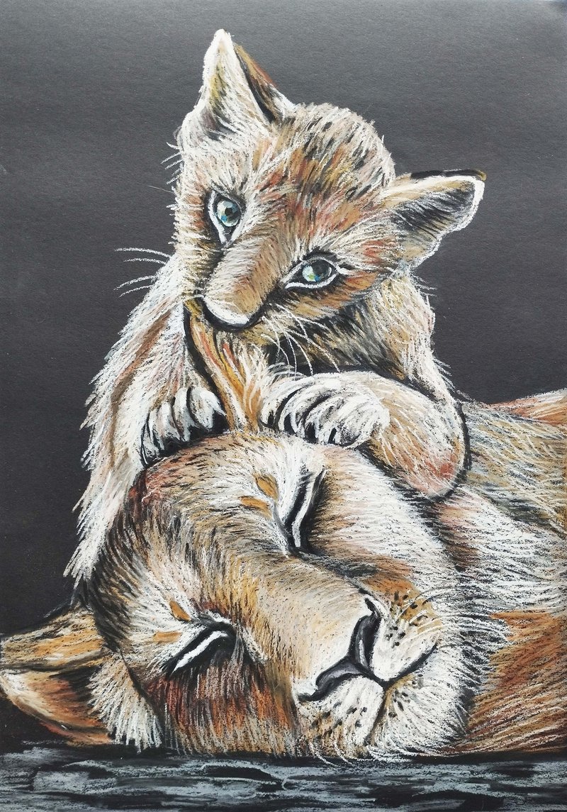 Playful lion cub Lioness and Cubs Art Pastel Portrait animal painting children's - 壁貼/牆壁裝飾 - 紙 咖啡色