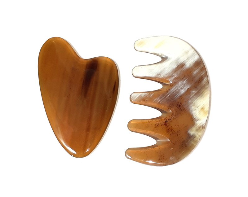 Hand Massage Tools for Face Body, Gua Sha 2pcs Handmade Massager Cow Horn - 刮痧板/臉部按摩 - 環保材質 咖啡色