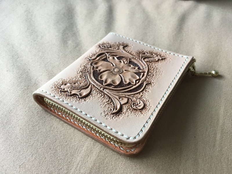 Leather leather carving hand-stitched L-shaped short clip - Wallets - Genuine Leather Khaki