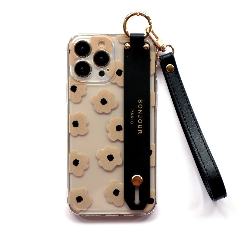 iPhone15/14/13/12 Coffee Flower Transparent Wrist Strap Phone Case (With Black Wrist Strap) - Phone Cases - Plastic Brown