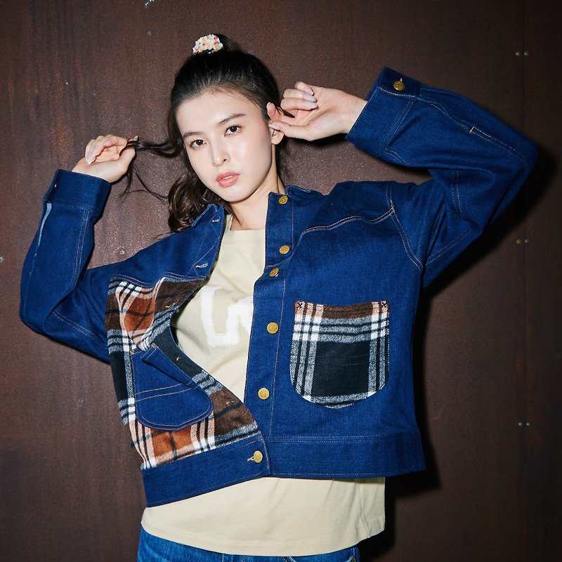 Lee women's wool plaid patchwork denim jacket with back logo - Women's Tops - Cotton & Hemp Blue