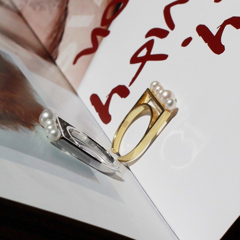 MissQueeny 漂浮戒指/925純銀天然珍珠裝飾開口戒指 - 戒指 - 其他金屬 金色