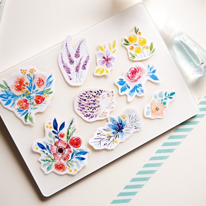 Watercolour Flower Planner Stickers Includes Flower Hedgehog - Serenity (WT-007) - สติกเกอร์ - กระดาษ สีน้ำเงิน
