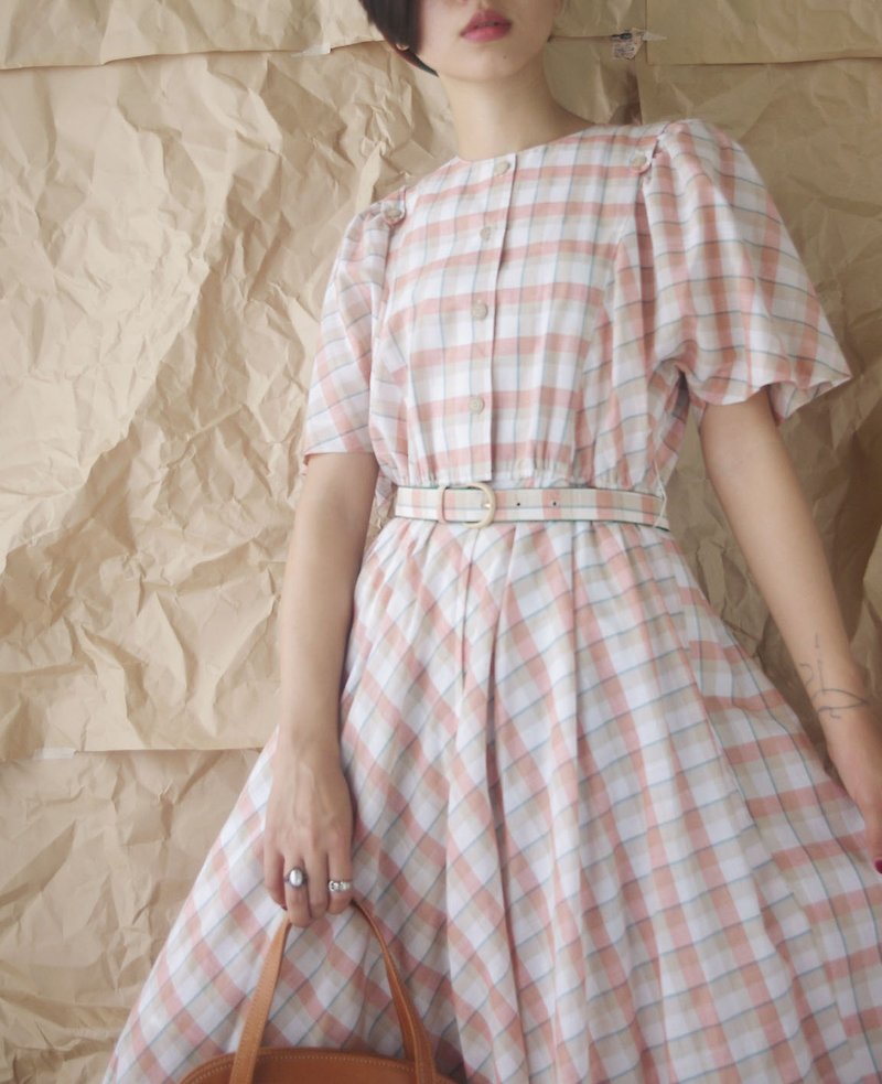 尋寶古著-鄉村風格粉紅格紋寬袖復古圓裙洋裝 - 洋裝/連身裙 - 棉．麻 粉紅色