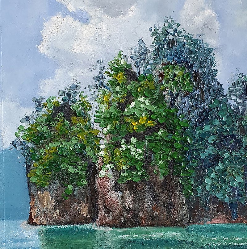 島の絵画タイ海景オリジナルアート山のアートワークサムイ島アート - ポスター・絵 - その他の素材 グリーン