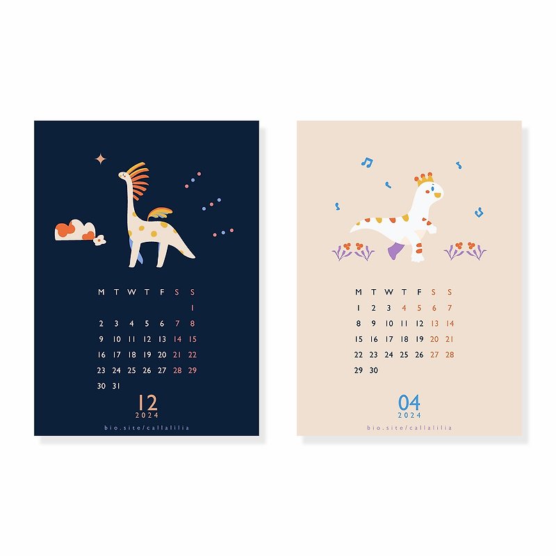 【快速出貨】 2024月曆-小恐龍明信片月曆套組 插畫桌曆 | 龍 - 月曆/年曆/日曆 - 紙 多色