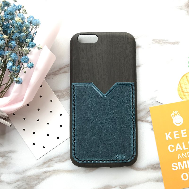 木紋手機殼拼皮革 - 手機殼/手機套 - 真皮 藍色