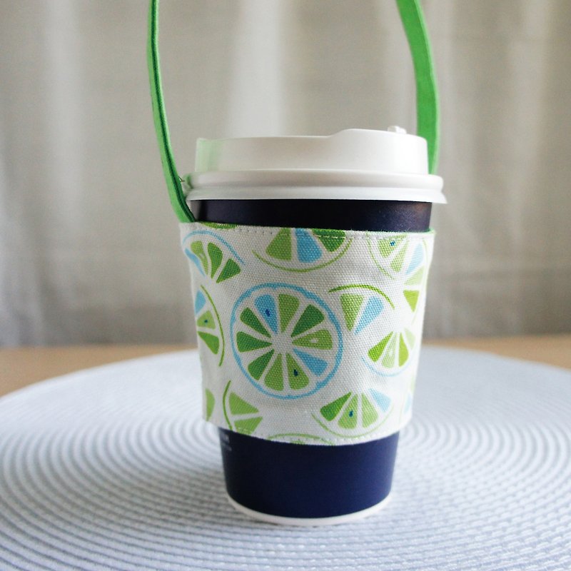 Lovely【Japanese cloth】lemon slice beverage cup bag, bag, eco-friendly cup holder, white - ถุงใส่กระติกนำ้ - ผ้าฝ้าย/ผ้าลินิน ขาว
